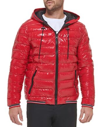 Calvin Klein Hooded Shiny Puffer Jackets, Winter Coats for Men, True Red, Large