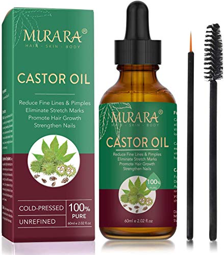 Castor Oil Organic,100% Pure Cold Pressed Castor Oil for Hair,Eyelashs,Eyebrows,Face and Skin Care with 1 Sets of Eyebrow and Eyeliner Brushes,Boost Growth,Fade Fine Lines and Wrinkles (2 Oz/60ml)