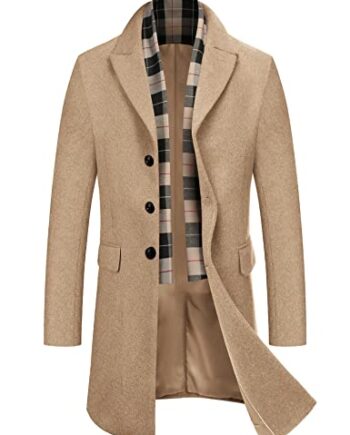 COOFANDY Men's Woolen Dress Coats Winter Wool Peacoat & Coat Fleece Lining Windbreaker with Removable Plaid Wool Scarf (Khaki XL)