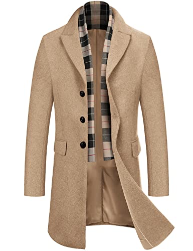 COOFANDY Men's Woolen Dress Coats Winter Wool Peacoat & Coat Fleece Lining Windbreaker with Removable Plaid Wool Scarf (Khaki XL)