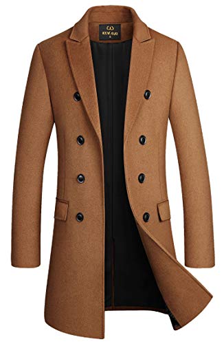 Men's Premium Wool Blend Double Breasted Long Pea Coat (Camel, x_l)