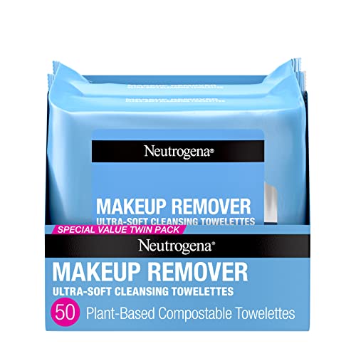 Neutrogena Makeup Remover Cleansing Face Wipes, Daily Cleansing Facial Towelettes Remove Makeup & Waterproof Mascara, Alcohol-Free, 100% Plant-Based Fibers, Value Twin Pack, 25 count, 2 pk
