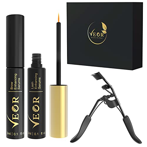 Rapid Eyelash and Eyebrow Growth Serum Set with Eyelash Curler - Hypoallergenic, Non-Greasy Lash and Brow Serum Set with Vegan and Organic Ingredients - Cruelty Free - Visible Results in 4-6 Weeks