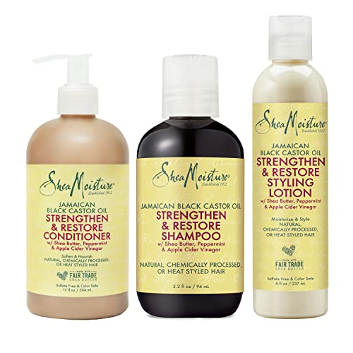 SheaMoisture Strengthen and Restore Shampoo, Conditioner and Styling Lotion for Curly Hair Mixed Hair Care Regimen with Shea Butter