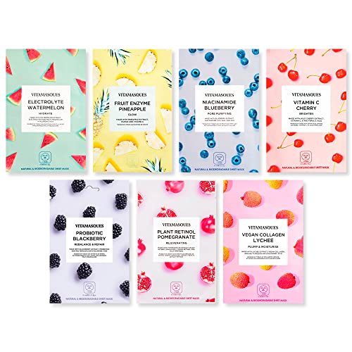 Vitamasques Face Masks Skincare Sheet Kit, 7-Pack - Juicy Collection of Triple-Layer Sheet Facial Masks - Pore Purifying, Brightening, and Hydrating Face Mask Skin Care - Boost your Skincare Routine